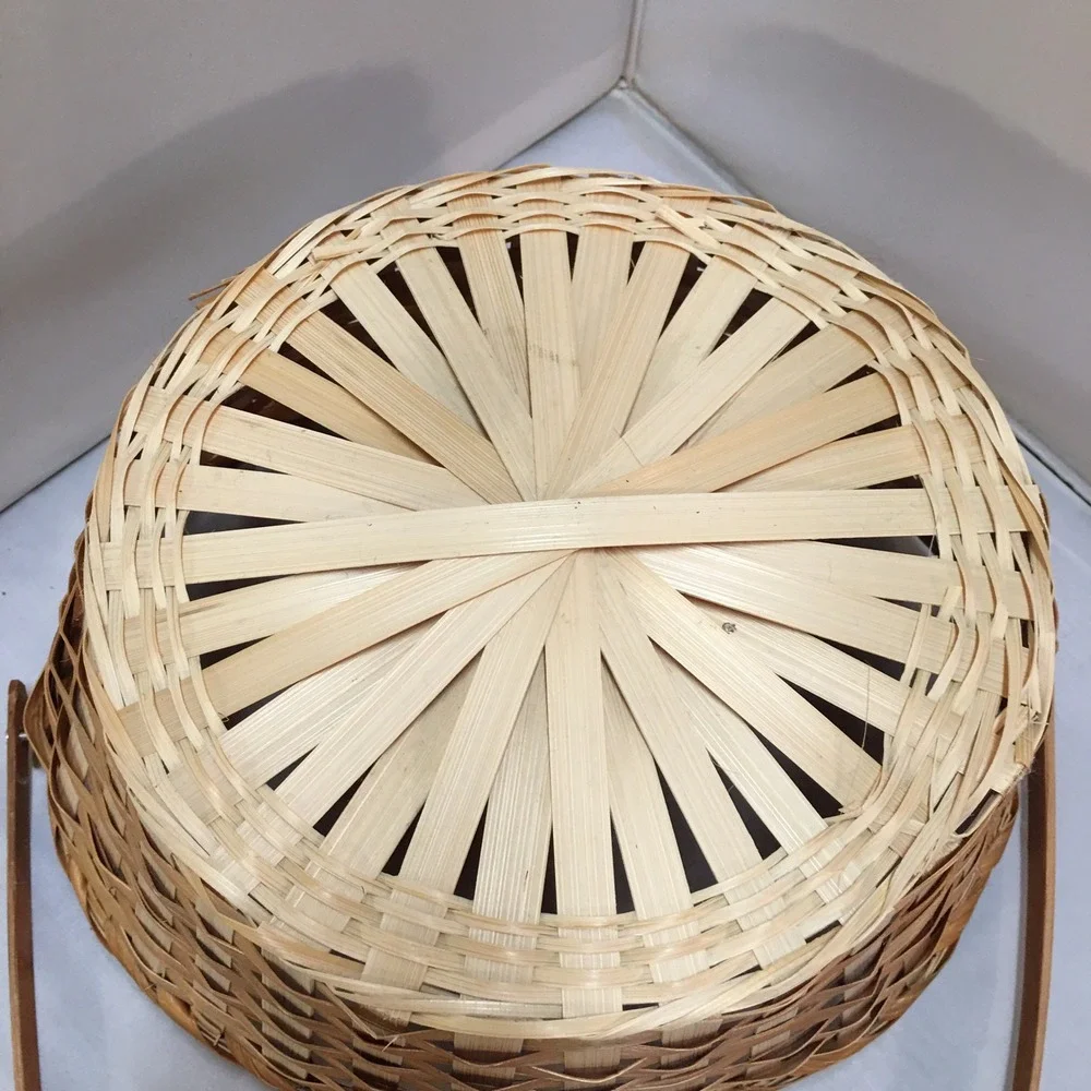 Woven Wood Splint Basket 11 Inch Natural Tan Round Tall Swing Handle Cottagecore